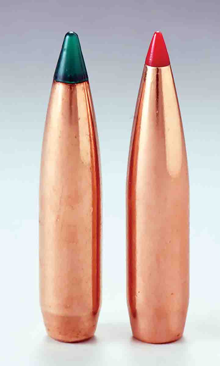 A Sierra 140-grain TGK bullet (left) alongside a Hornady 145-grain ELD-X. These are the midweight bullets used in the ballistic coefficient variation table.